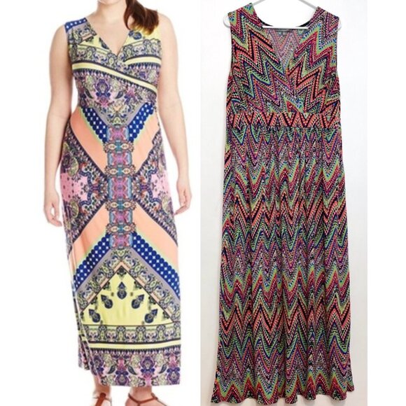 NY COLLECTION Plus Size Multicolor Sleeveless Maxi Dress Rainbow Chevron Stripe - Picture 1 of 15